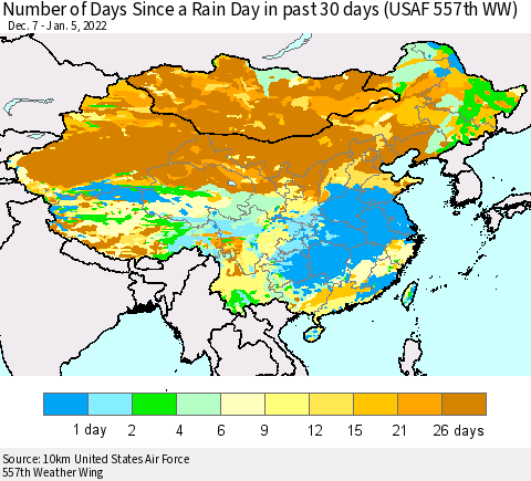 China, Mongolia and Taiwan Number of Days Since a Rain Day in past 30 days (USAF 557th WW) Thematic Map For 1/1/2022 - 1/5/2022