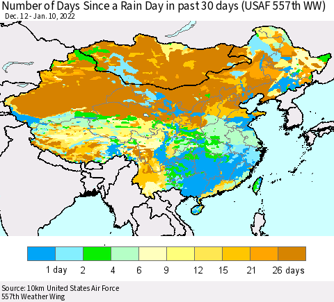China, Mongolia and Taiwan Number of Days Since a Rain Day in past 30 days (USAF 557th WW) Thematic Map For 1/6/2022 - 1/10/2022