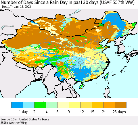China, Mongolia and Taiwan Number of Days Since a Rain Day in past 30 days (USAF 557th WW) Thematic Map For 1/11/2022 - 1/15/2022