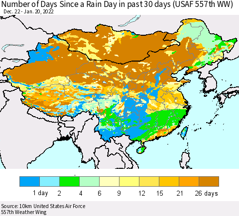 China, Mongolia and Taiwan Number of Days Since a Rain Day in past 30 days (USAF 557th WW) Thematic Map For 1/16/2022 - 1/20/2022