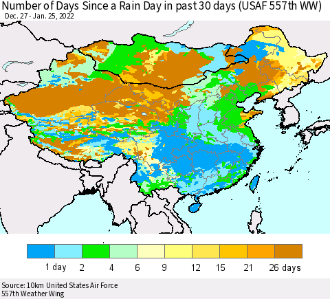 China, Mongolia and Taiwan Number of Days Since a Rain Day in past 30 days (USAF 557th WW) Thematic Map For 1/21/2022 - 1/25/2022