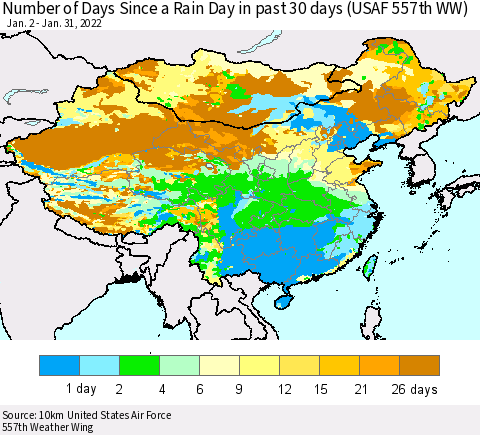 China, Mongolia and Taiwan Number of Days Since a Rain Day in past 30 days (USAF 557th WW) Thematic Map For 1/26/2022 - 1/31/2022