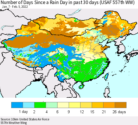 China, Mongolia and Taiwan Number of Days Since a Rain Day in past 30 days (USAF 557th WW) Thematic Map For 2/1/2022 - 2/5/2022