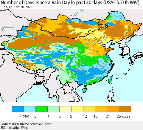 China, Mongolia and Taiwan Number of Days Since a Rain Day in past 30 days (USAF 557th WW) Thematic Map For 2/6/2022 - 2/10/2022
