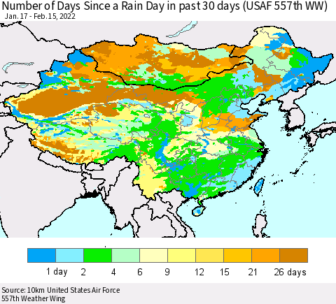China, Mongolia and Taiwan Number of Days Since a Rain Day in past 30 days (USAF 557th WW) Thematic Map For 2/11/2022 - 2/15/2022