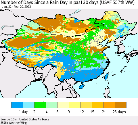 China, Mongolia and Taiwan Number of Days Since a Rain Day in past 30 days (USAF 557th WW) Thematic Map For 2/16/2022 - 2/20/2022