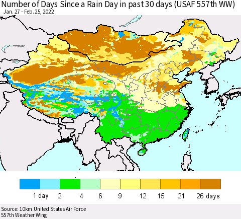 China, Mongolia and Taiwan Number of Days Since a Rain Day in past 30 days (USAF 557th WW) Thematic Map For 2/21/2022 - 2/25/2022