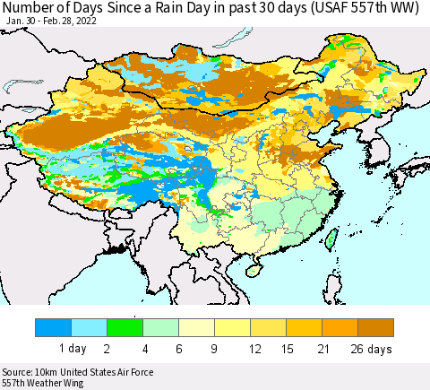 China, Mongolia and Taiwan Number of Days Since a Rain Day in past 30 days (USAF 557th WW) Thematic Map For 2/26/2022 - 2/28/2022