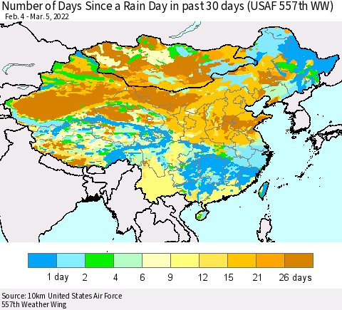China, Mongolia and Taiwan Number of Days Since a Rain Day in past 30 days (USAF 557th WW) Thematic Map For 3/1/2022 - 3/5/2022