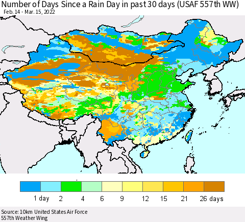China, Mongolia and Taiwan Number of Days Since a Rain Day in past 30 days (USAF 557th WW) Thematic Map For 3/11/2022 - 3/15/2022