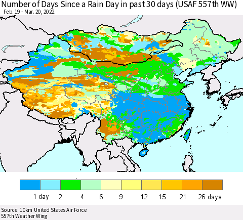 China, Mongolia and Taiwan Number of Days Since a Rain Day in past 30 days (USAF 557th WW) Thematic Map For 3/16/2022 - 3/20/2022