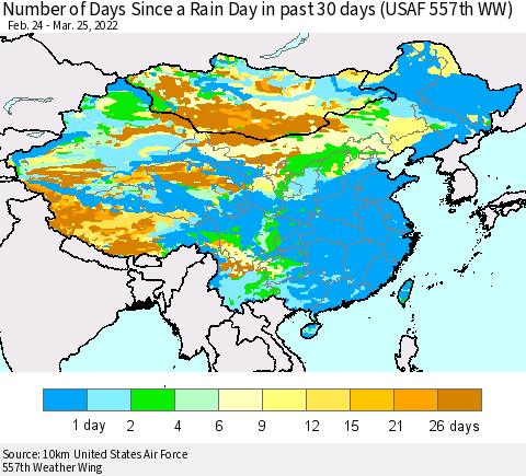 China, Mongolia and Taiwan Number of Days Since a Rain Day in past 30 days (USAF 557th WW) Thematic Map For 3/21/2022 - 3/25/2022