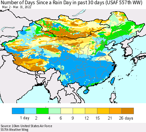 China, Mongolia and Taiwan Number of Days Since a Rain Day in past 30 days (USAF 557th WW) Thematic Map For 3/26/2022 - 3/31/2022