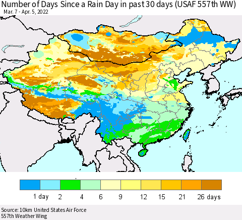 China, Mongolia and Taiwan Number of Days Since a Rain Day in past 30 days (USAF 557th WW) Thematic Map For 4/1/2022 - 4/5/2022