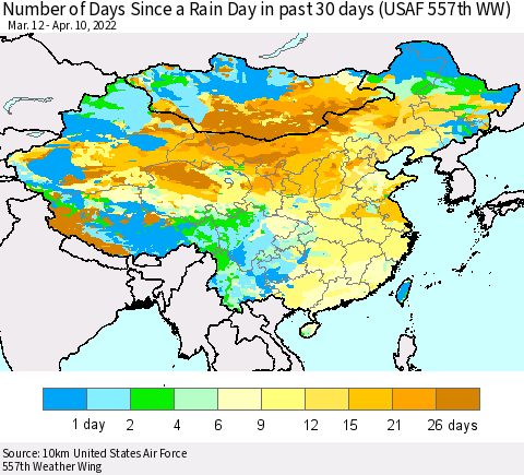 China, Mongolia and Taiwan Number of Days Since a Rain Day in past 30 days (USAF 557th WW) Thematic Map For 4/6/2022 - 4/10/2022