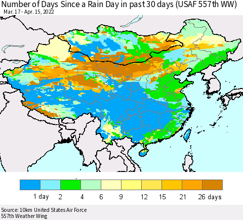 China, Mongolia and Taiwan Number of Days Since a Rain Day in past 30 days (USAF 557th WW) Thematic Map For 4/11/2022 - 4/15/2022