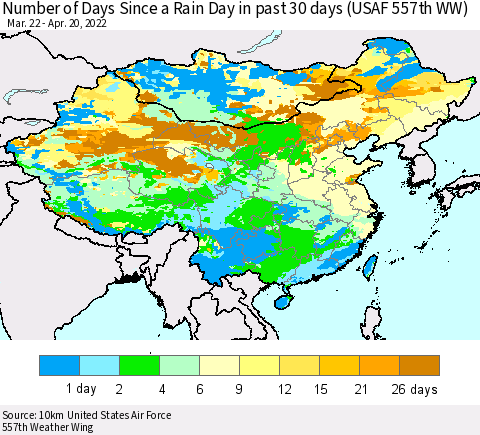 China, Mongolia and Taiwan Number of Days Since a Rain Day in past 30 days (USAF 557th WW) Thematic Map For 4/16/2022 - 4/20/2022