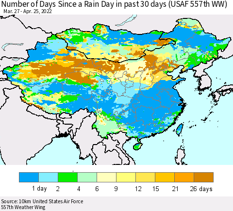 China, Mongolia and Taiwan Number of Days Since a Rain Day in past 30 days (USAF 557th WW) Thematic Map For 4/21/2022 - 4/25/2022