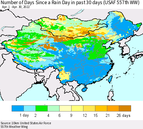 China, Mongolia and Taiwan Number of Days Since a Rain Day in past 30 days (USAF 557th WW) Thematic Map For 4/26/2022 - 4/30/2022