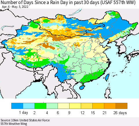 China, Mongolia and Taiwan Number of Days Since a Rain Day in past 30 days (USAF 557th WW) Thematic Map For 5/1/2022 - 5/5/2022