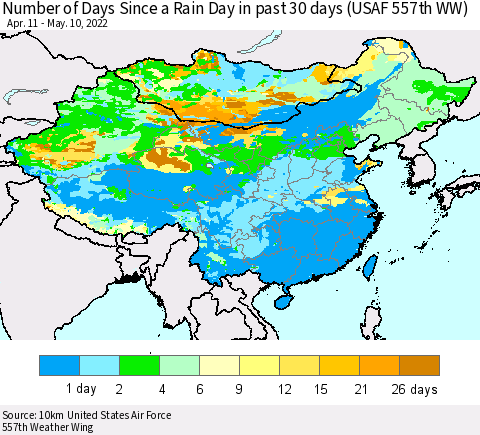 China, Mongolia and Taiwan Number of Days Since a Rain Day in past 30 days (USAF 557th WW) Thematic Map For 5/6/2022 - 5/10/2022