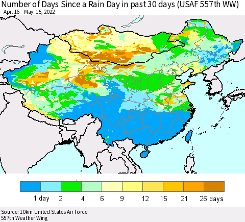 China, Mongolia and Taiwan Number of Days Since a Rain Day in past 30 days (USAF 557th WW) Thematic Map For 5/11/2022 - 5/15/2022