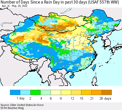 China, Mongolia and Taiwan Number of Days Since a Rain Day in past 30 days (USAF 557th WW) Thematic Map For 5/16/2022 - 5/20/2022