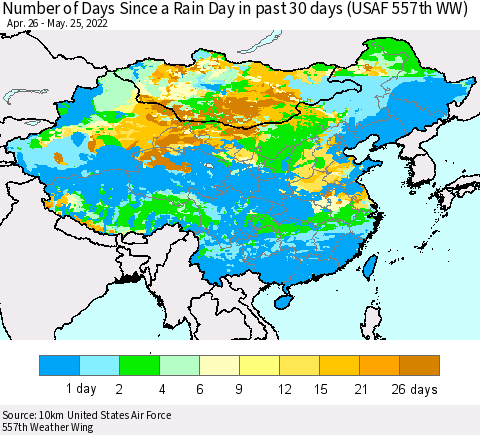 China, Mongolia and Taiwan Number of Days Since a Rain Day in past 30 days (USAF 557th WW) Thematic Map For 5/21/2022 - 5/25/2022