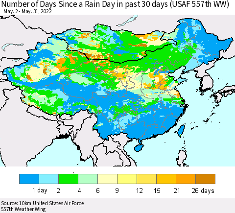 China, Mongolia and Taiwan Number of Days Since a Rain Day in past 30 days (USAF 557th WW) Thematic Map For 5/26/2022 - 5/31/2022