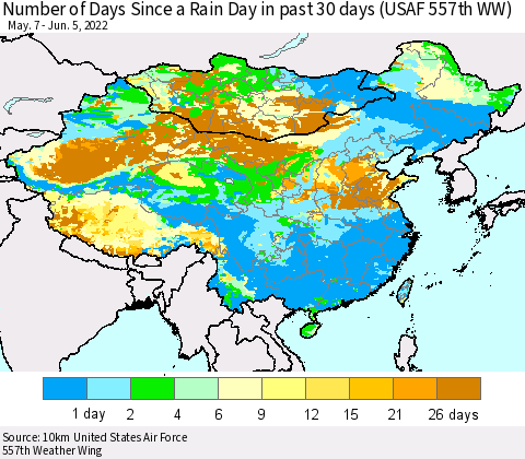 China, Mongolia and Taiwan Number of Days Since a Rain Day in past 30 days (USAF 557th WW) Thematic Map For 6/1/2022 - 6/5/2022
