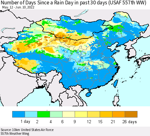 China, Mongolia and Taiwan Number of Days Since a Rain Day in past 30 days (USAF 557th WW) Thematic Map For 6/6/2022 - 6/10/2022