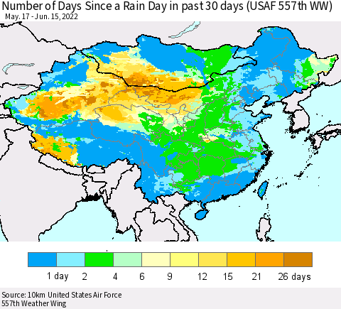 China, Mongolia and Taiwan Number of Days Since a Rain Day in past 30 days (USAF 557th WW) Thematic Map For 6/11/2022 - 6/15/2022