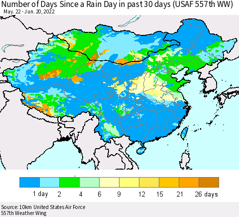 China, Mongolia and Taiwan Number of Days Since a Rain Day in past 30 days (USAF 557th WW) Thematic Map For 6/16/2022 - 6/20/2022