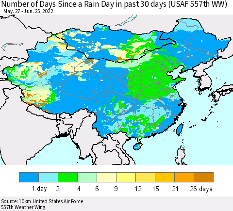 China, Mongolia and Taiwan Number of Days Since a Rain Day in past 30 days (USAF 557th WW) Thematic Map For 6/21/2022 - 6/25/2022