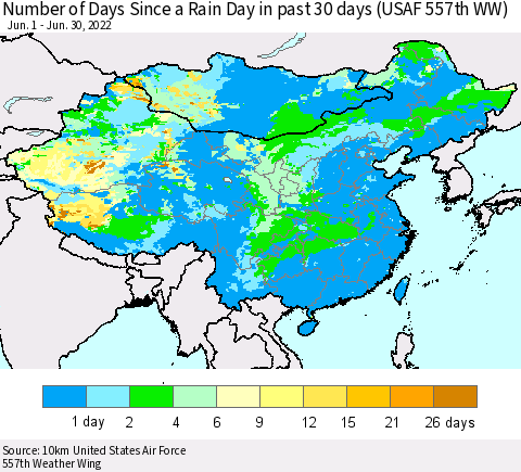 China, Mongolia and Taiwan Number of Days Since a Rain Day in past 30 days (USAF 557th WW) Thematic Map For 6/26/2022 - 6/30/2022