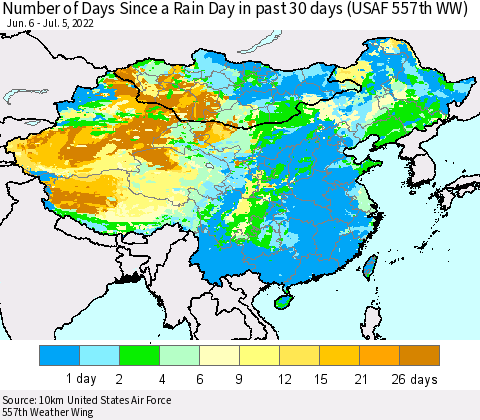 China, Mongolia and Taiwan Number of Days Since a Rain Day in past 30 days (USAF 557th WW) Thematic Map For 7/1/2022 - 7/5/2022