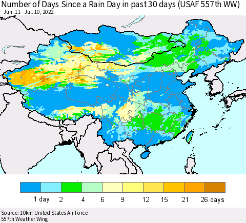 China, Mongolia and Taiwan Number of Days Since a Rain Day in past 30 days (USAF 557th WW) Thematic Map For 7/6/2022 - 7/10/2022