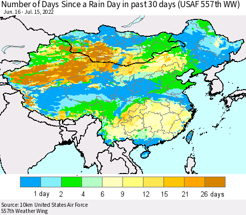 China, Mongolia and Taiwan Number of Days Since a Rain Day in past 30 days (USAF 557th WW) Thematic Map For 7/11/2022 - 7/15/2022