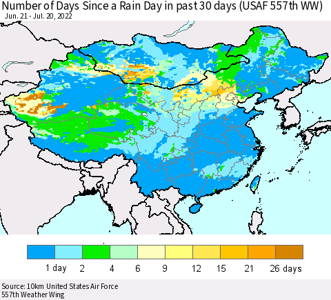 China, Mongolia and Taiwan Number of Days Since a Rain Day in past 30 days (USAF 557th WW) Thematic Map For 7/16/2022 - 7/20/2022