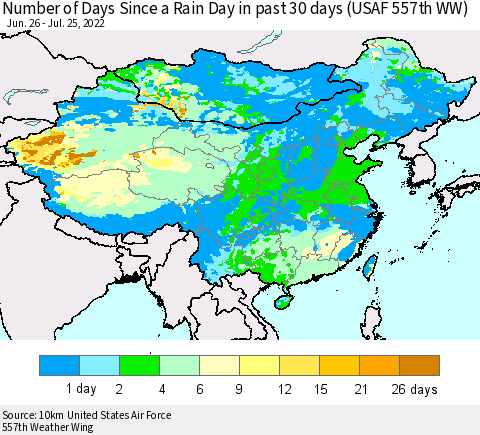 China, Mongolia and Taiwan Number of Days Since a Rain Day in past 30 days (USAF 557th WW) Thematic Map For 7/21/2022 - 7/25/2022