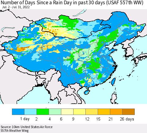 China, Mongolia and Taiwan Number of Days Since a Rain Day in past 30 days (USAF 557th WW) Thematic Map For 7/26/2022 - 7/31/2022