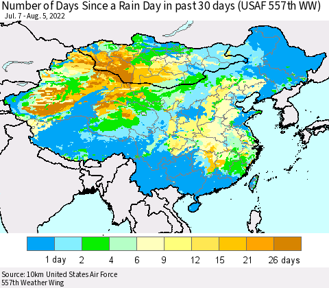 China, Mongolia and Taiwan Number of Days Since a Rain Day in past 30 days (USAF 557th WW) Thematic Map For 8/1/2022 - 8/5/2022