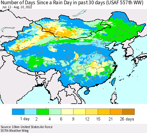 China, Mongolia and Taiwan Number of Days Since a Rain Day in past 30 days (USAF 557th WW) Thematic Map For 8/6/2022 - 8/10/2022