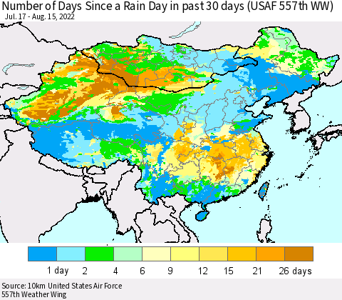 China, Mongolia and Taiwan Number of Days Since a Rain Day in past 30 days (USAF 557th WW) Thematic Map For 8/11/2022 - 8/15/2022