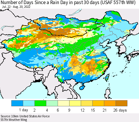 China, Mongolia and Taiwan Number of Days Since a Rain Day in past 30 days (USAF 557th WW) Thematic Map For 8/16/2022 - 8/20/2022