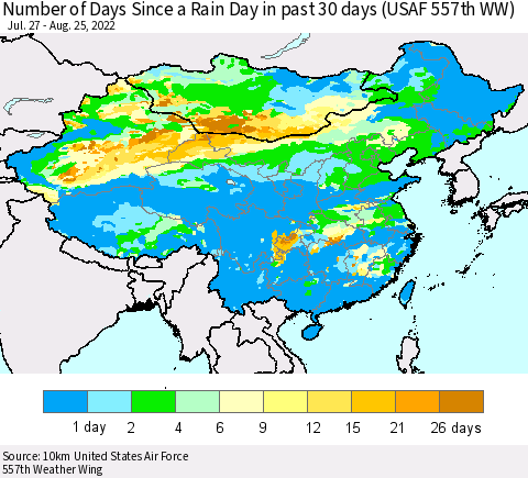 China, Mongolia and Taiwan Number of Days Since a Rain Day in past 30 days (USAF 557th WW) Thematic Map For 8/21/2022 - 8/25/2022