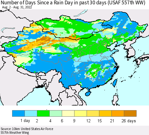 China, Mongolia and Taiwan Number of Days Since a Rain Day in past 30 days (USAF 557th WW) Thematic Map For 8/26/2022 - 8/31/2022