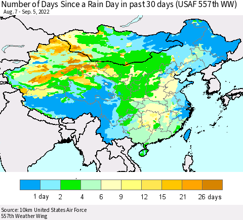 China, Mongolia and Taiwan Number of Days Since a Rain Day in past 30 days (USAF 557th WW) Thematic Map For 9/1/2022 - 9/5/2022