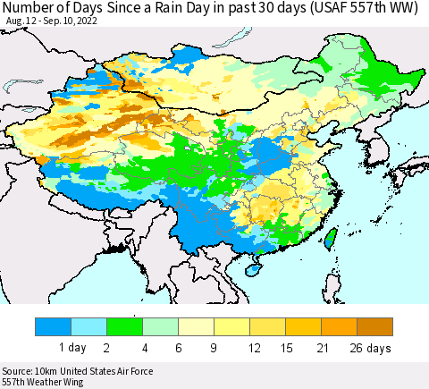 China, Mongolia and Taiwan Number of Days Since a Rain Day in past 30 days (USAF 557th WW) Thematic Map For 9/6/2022 - 9/10/2022