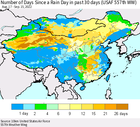 China, Mongolia and Taiwan Number of Days Since a Rain Day in past 30 days (USAF 557th WW) Thematic Map For 9/11/2022 - 9/15/2022